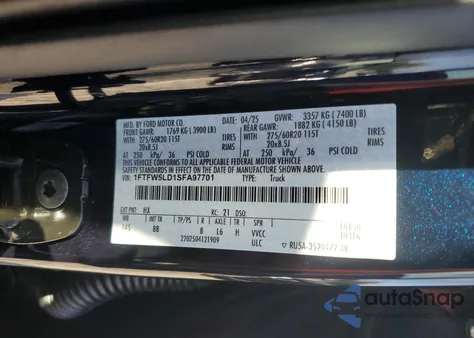 2025 Ford F150 Lariat from USA, damaged, VIN 1FTFW5LD1SFA97701